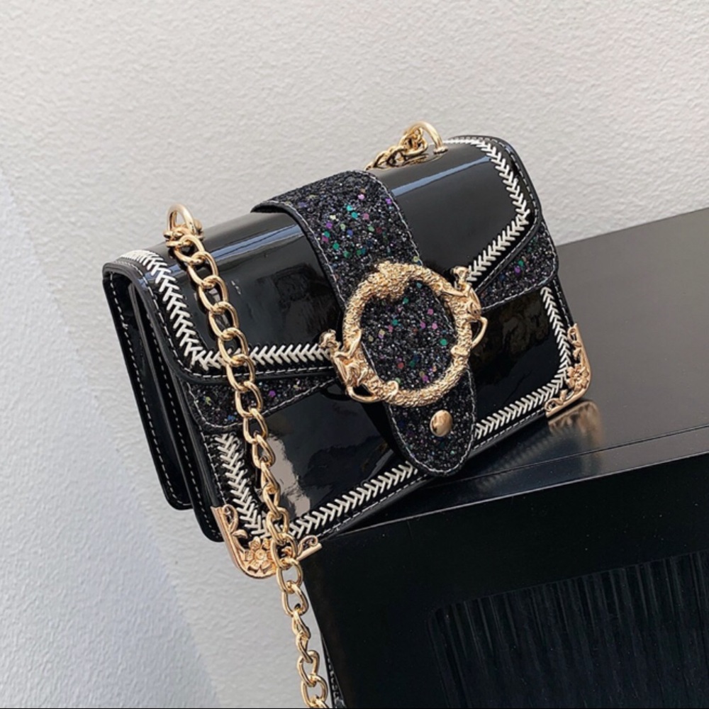 Graphite Chain Glitter Leather Shoulder Bag / Crossbody Bag (Black) - Picture 2 of 7